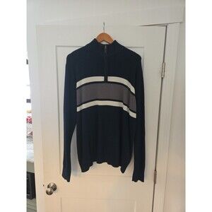 #171 Eddie Bauer Men's XL 1/4 Zip 100% Cotton Blue/Gray/White striped Sweater